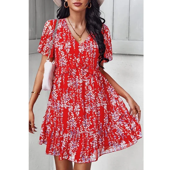 Women’s Summer Dress Ruffle V Neck Tunic Dress Floral Casual Loose flowy dress - Picture 11 of 11